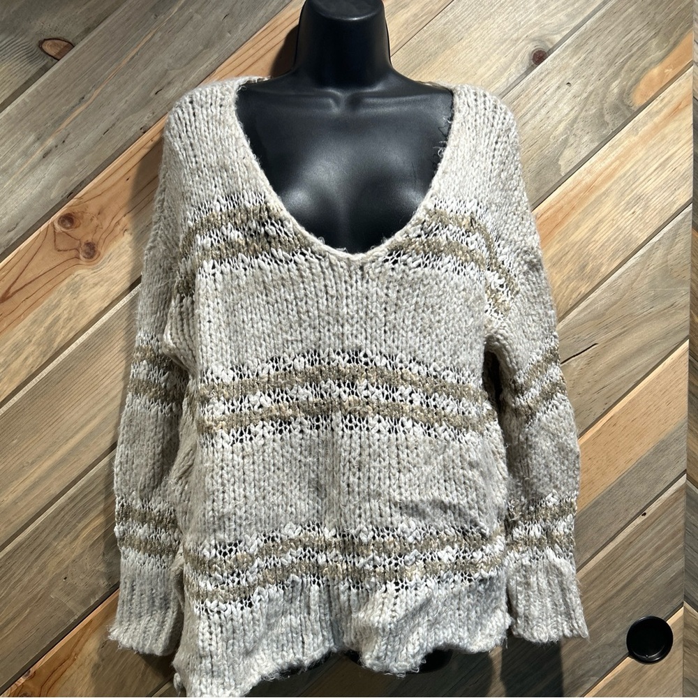 Free People Soft Fuzzy V-Neck Side Slit Cream Beige Stripe Multi Knit Sweater